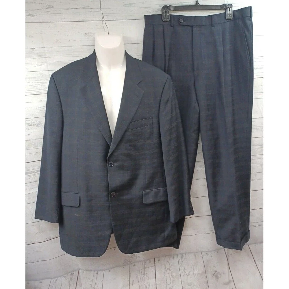 Paul Dione Wool Suit Sport Coat Blazer Dark Blue Windowpane 43R Pants 36x28.5